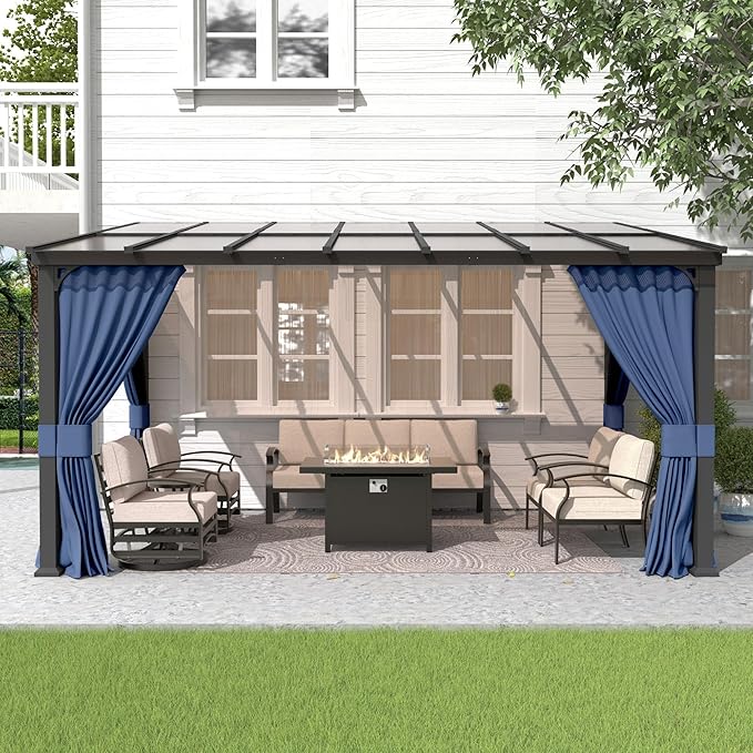 Gotland 10FTx14FT Outdoor Wall Mounted Hardtop Pergola, Metal Frame Gazebo with Sloping Sun Panel Roof and Double Curtains for Patio, Garden, Lawn, Navy