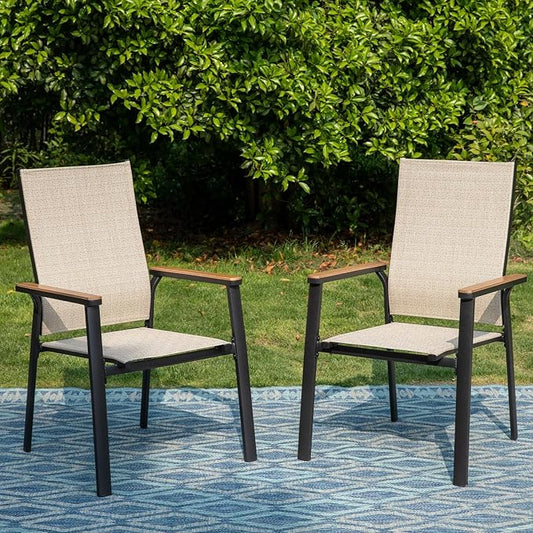 PHI VILLA Outdoor Stackable Chairs, Patio Chairs Set of 2, Light Weight Aluminum Frame with Textilene Fabric & Wood Armrest, High Back Deck Chairs for Poolside Lawn Garden, Beige
