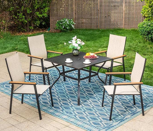 Sophia & William Patio Dining Set 5 Pieces, 4 Stackable Aluminum Textilene Dining Chairs with 37"x 37" Square Dining Table, Patio Table Chair Set for Outdoor Garden Lawn (Beige)