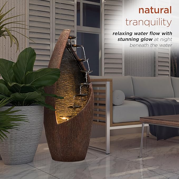 Alpine Corporation GIL122 43" Outdoor Floor Contemporary Tiered Bronze Metal Water Fountain with LED Lights, Stylish Outdoor Water Feature for Garden and Patio Décor, Brown