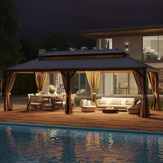 12' X 24' Hardtop Gazebo, Outdoor Galvanized Steel Double Roof Permanent Aluminum Frame Pavilion Pergola Canopy with Privacy Curtains for Garden, Patio, Backyard, Deck and Lawns.