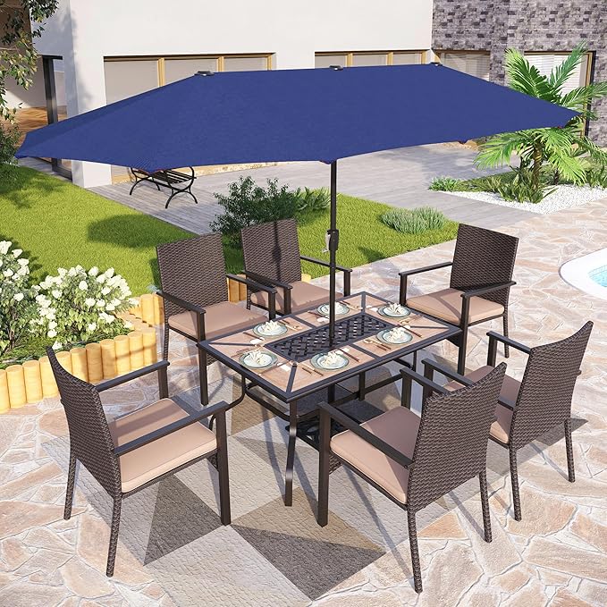 PHI VILLA 7 Pieces Outdoor Dining Set with Umbrella for 6, Rectangular Wood-Top Metal Table & Wicker Chairs with Cushions & 13ft Blue Umbrella, Modern Dining Furniture Set for Patio,Deck,Backyard