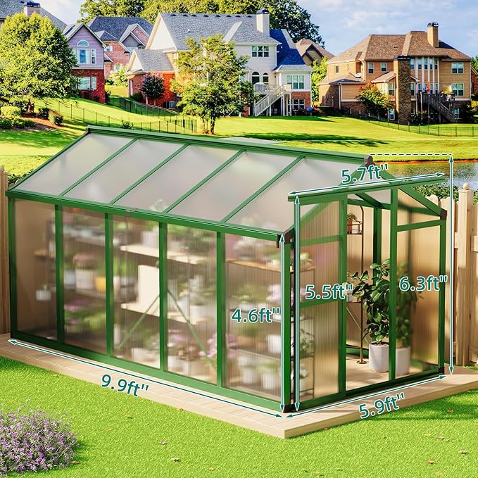 6x10 FT Polycarbonate Greenhouse with Roof Vent - Large Aluminum Walk-in Greenhouse Kit for Gardening, Backyard, Patio, Lawn - Easy Assembly