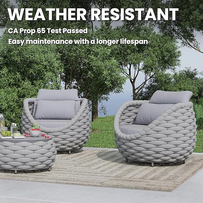 6 PCS Patio Deck Accent Chair: Large Woven Rope Chair Cushioned - Aluminum Modern Single Lounge Armchair Assembled - All Weather Outdoor Seating for 400lbs Lanai Balcony Porch Garden Hotel, Gray