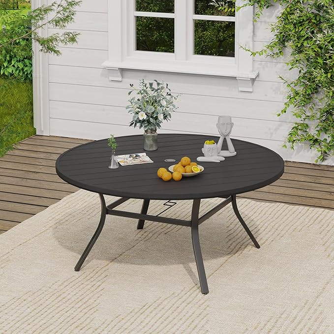 VICLLAX 9 Pieces Outdoor Dining Set, Patio Furniture Set of 8 Patio Swivel Dining Chairs and Plastic Round Patio Table with Umbrella Hole, Navy Blue Chairs & Black Tabletop