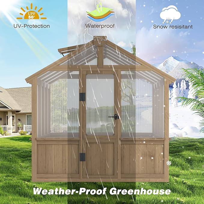 Mupater 6 x 8 FT Wooden Polycarbonate Greenhouse with Ventilated Window and Lockable Door, Walk-in Greenhouse for Backyard