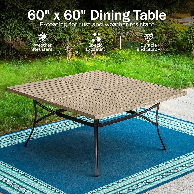 PHI VILLA 9 pcs Patio Dining Set,Heavy Duty Extra Large Square Metal Table with 1.9" Umbrella Hole, Wooden Like Table Top, 8 Textilene Dining Chairs, Breathable and Waterproof for Garden,Lawn