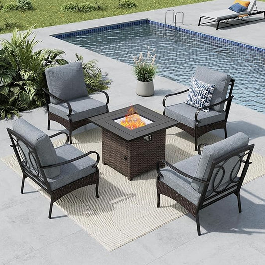 MFSTUDIO 5 Pieces Outdoor Patio Furniture Set, Metal Outdoor Conversation Sofa, Rattan Wicker Patio Sectional Sofa Set with 4 x Fixed Single Sofa, 1 x Fire Pit Table, Grey