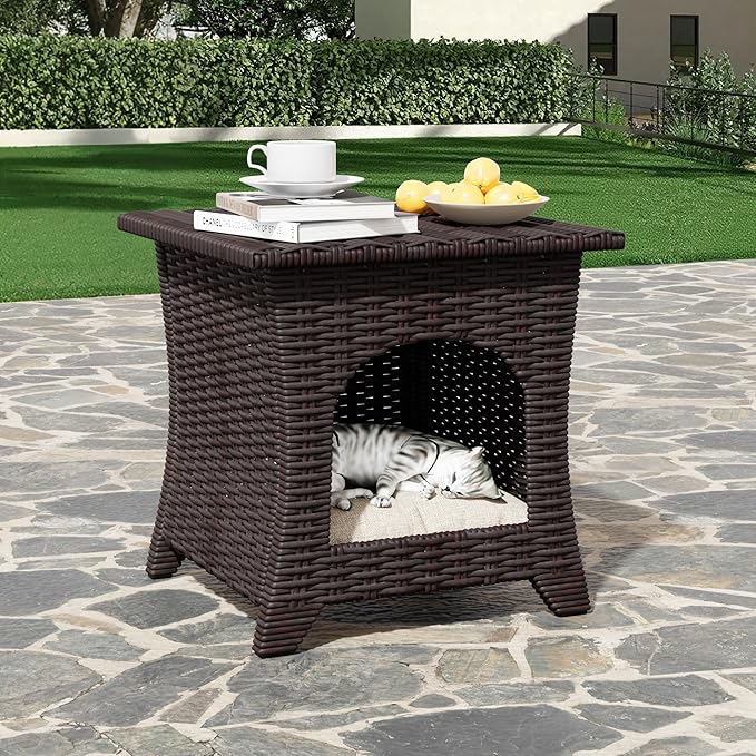 Outdoor Wicker Side Table, Patio Side Table with Thick Cushion for Pet Cats, PE Wicker End Table for Balcony Porch Deck