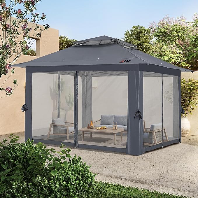 ABCCANOPY 13x13 Pop Up Gazebo, Outdoor Canopy Tent, Instant Screened Shelter with Mosquito Netting for Patio, Garden, Backyard, Party, Camping (Dark Gray)