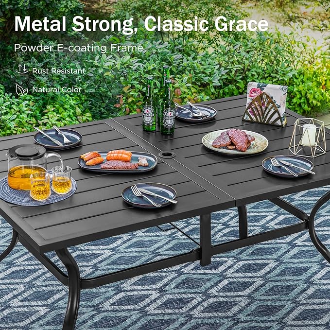 PHI VILLA 7 Piece Patio Dining Furniture Set with Umbrella (Blue), Outdoor Table and Chairs for 6, Foldable Patio Dining Chairs (Black) with Adjustable Backrest & Metal Dining Table for Garden, Deck