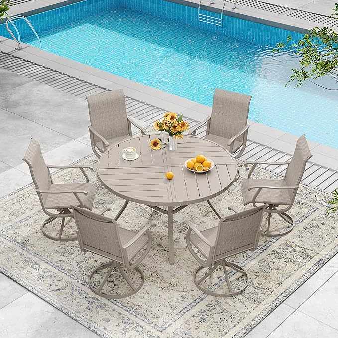 DIFY 7 Pieces Outdoor Patio Dining Set, 6 Sandshell Textilene Swivel Dining Chairs and 47.2" Sandshell Round Metal Dining Table, Outdoor Table and Chairs