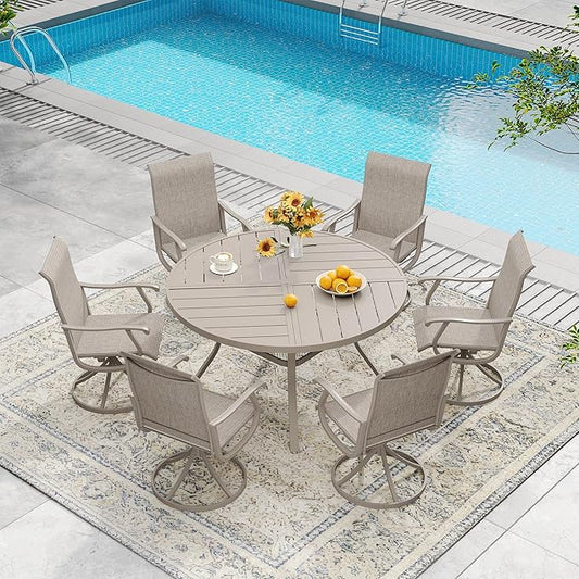 DIFY 7 Pieces Outdoor Patio Dining Set, 6 Sandshell Textilene Swivel Dining Chairs and 47.2" Sandshell Round Metal Dining Table, Outdoor Table and Chairs