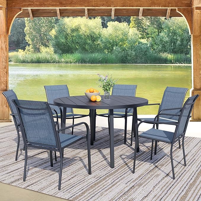 7 Pieces Round Dining Table Set for 6, Patio Dining Set Includes 6 Blue Stackable Patio Chairs and 1 Black Round Table Set of 6, Patio Furniture Sets with Sling Support for Outside, Garden