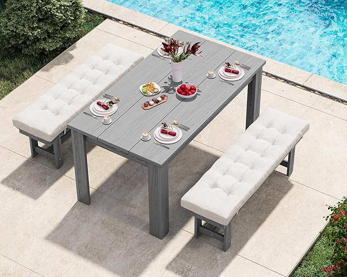 SERWALL Patio Dining Set for 4, Outdoor Dining Sets for 4 Person with 1 Umbrella Hole Cut-Out Rectangular Table and 2 Benches, HDPE Dining Sets for Garden, Backyard, Poolside, Gray