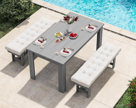 SERWALL Patio Dining Set for 4, Outdoor Dining Sets for 4 Person with 1 Umbrella Hole Cut-Out Rectangular Table and 2 Benches, HDPE Dining Sets for Garden, Backyard, Poolside, Gray