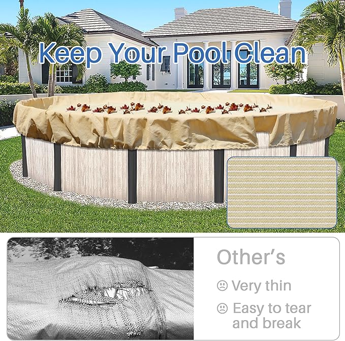 ECOOPTS 28 ft Round Pool Cover for Above Ground Pools, Swimming Pool Cover Protector Winter Safety Cover (Beige)