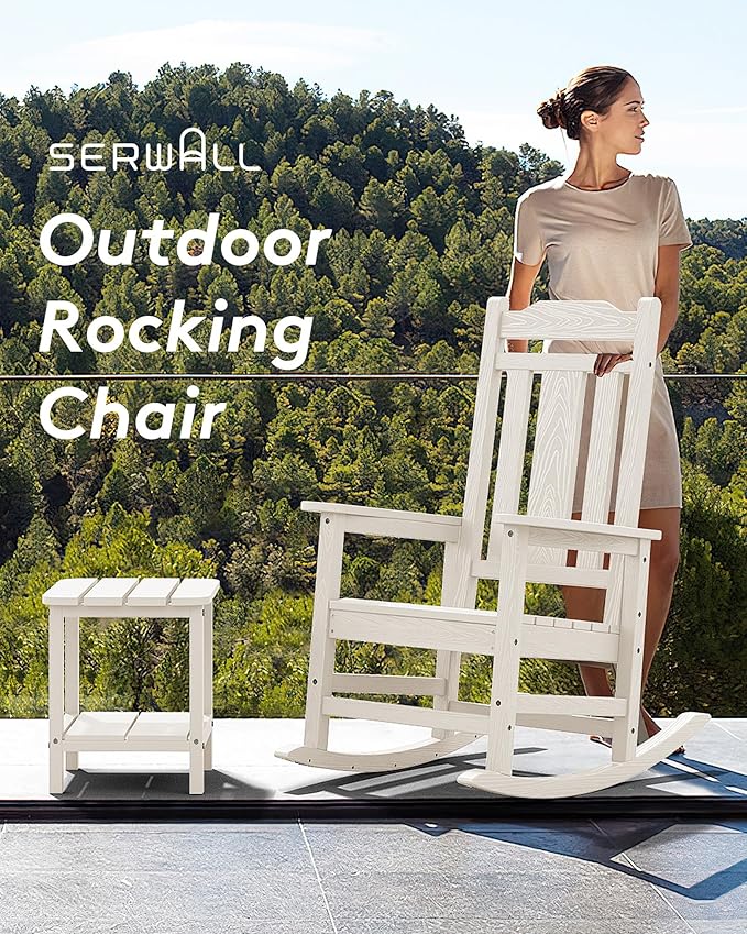 SERWALL Outdoor Rocking Chair White Set of 8, All Weather Patio Rocking Chair, HDPE Poly Rocking Chair for Adults, Heavy Duty Front Porch Rocker