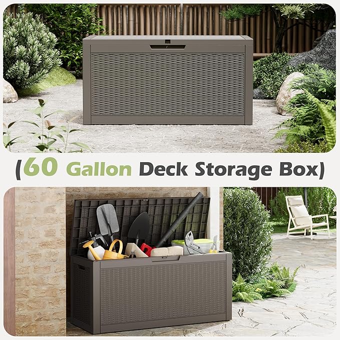 Outdoor Storage Box, 60 Gallon Outside Deck Box Waterproof,Resin Outdoor Storage Cabinet With Lockable Lid,Backyard Storage Bench For Garden Tools,Patio Cushions, Pool Tools, Package Delivery