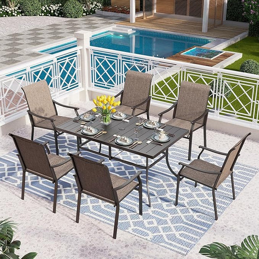 PHI VILLA Patio Dining Table and Chairs for 6,Outdoor Chairs with Textilene Fabric,Quick-Dry and Waterproof,Large Metal Table with Umbrella Hole,Durable and Sturdy for Outside,Garden,Yard