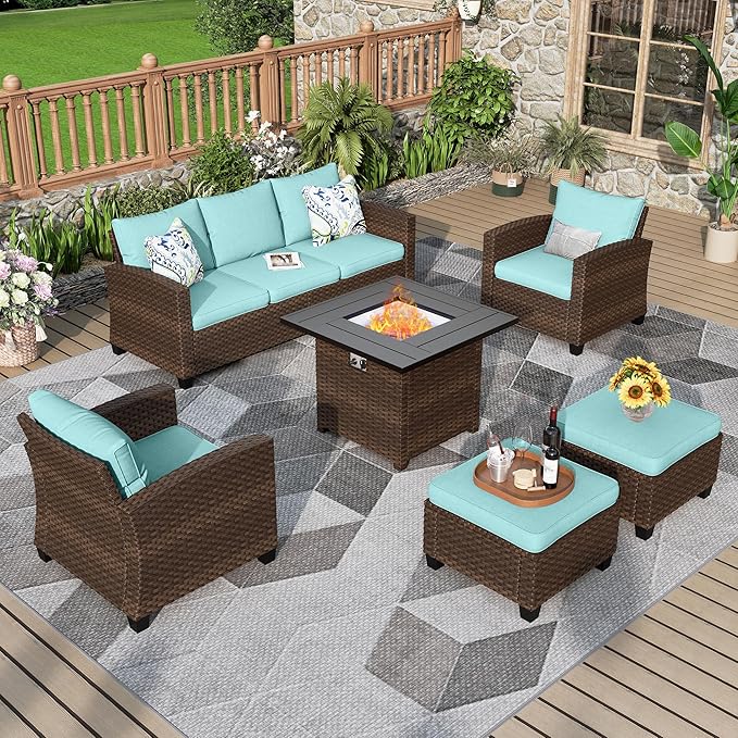 Patio Furniture Set, 6 Pcs Wicker Rattan Outdoor Conversation Set, 2 x Leg Chairs, 1 x 3 Seater Sofa and 2 x Ottoman with 4" Thick Cushion and 32" Fire Pit Table, Blue