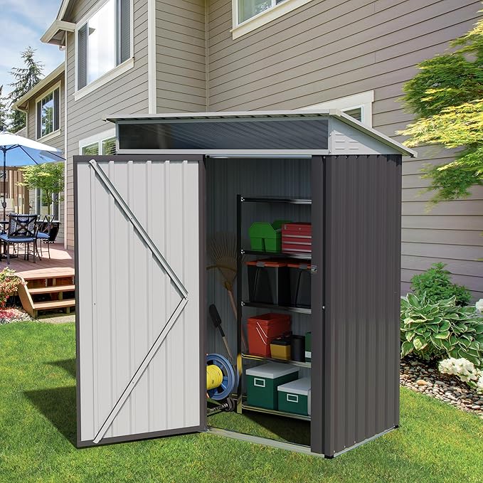 Vongrasig 5 x 3 FT Outdoor Storage Shed, Metal Shed Small Garden Tool Storage Shed with Large Window and Lockable Door for Outside Backyard Patio Lawn (Dark Grey)