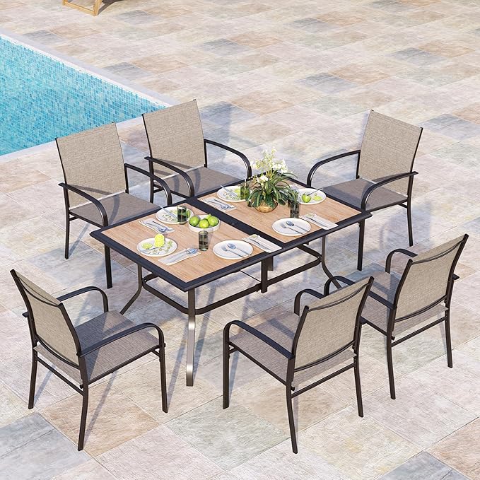 7 Pieces Patio Table and Chairs Set, Outdoor Dining Furniture Set for 6, 6 Brown Textilene Chairs and 61" Wood-Like Table Top with Umbrella Hole, for Deck Backyard Lawn