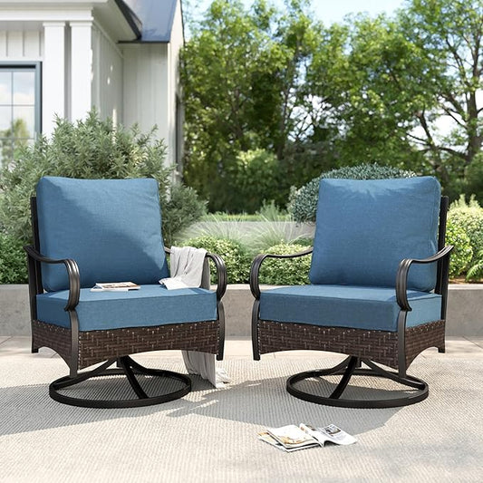 PHI VILLA Patio Swivel Chairs Set of 2, Outdoor Wicker Chairs with Thick Cushion, All Weather High Back Outdoor Furniture for Balcony Porch and Yard