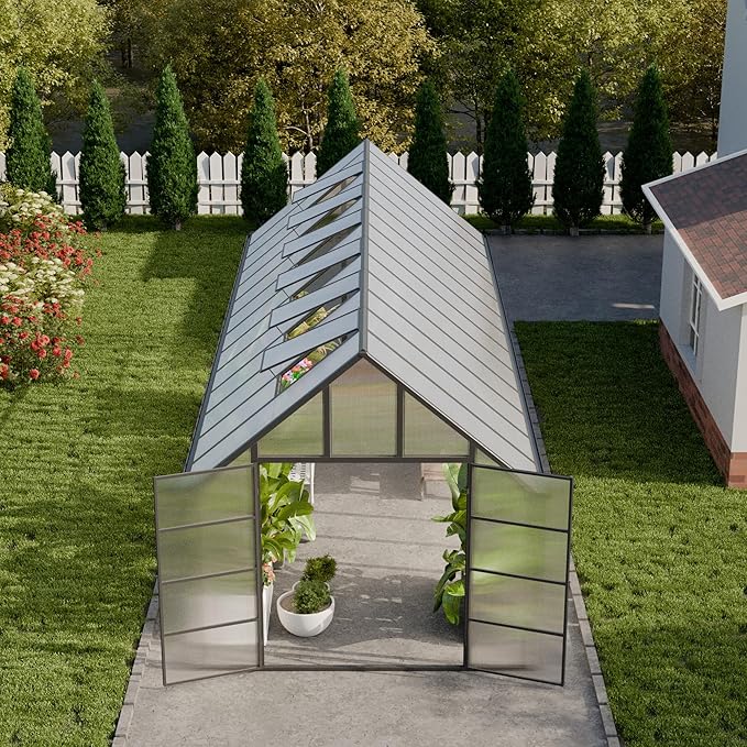10'x10'x28' Snap-Together Greenhouse - Easy 3-Way Connectors, Heavy-Duty Aluminum Frame, Wind/Snow Resistant for Gardening/Urban Farming, Includes Sliding Door & Ventilation Windows