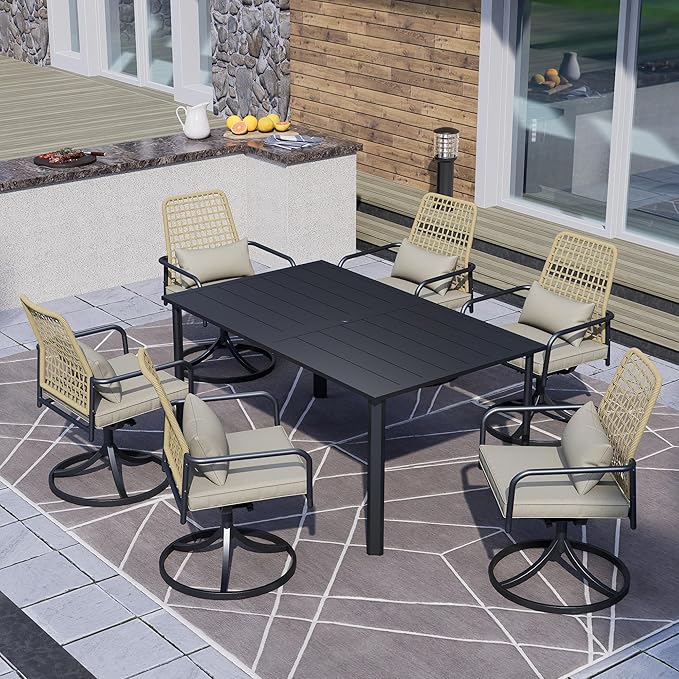 7-Piece Outdoor Dining Set, 6 Woven Swivel Chairs Set with Gray Cushions ＆ 63‘’ Rectangular Dining Table All Weather Furniture Set