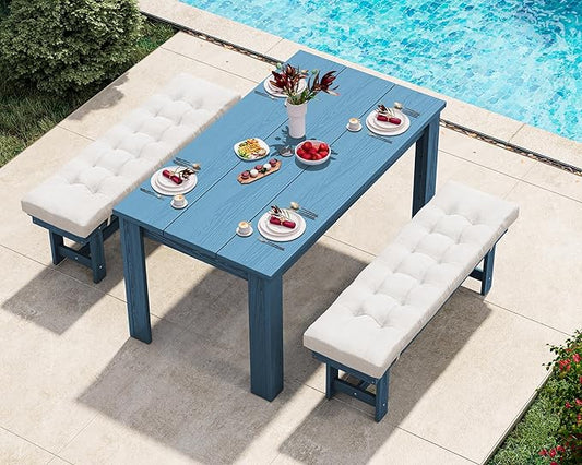 SERWALL Patio Dining Set for 4, Outdoor Dining Sets for 4 Person with 1 Umbrella Hole Cut-Out Rectangular Table and and 2 Benches, HDPE Dining Sets for Garden, Backyard, Poolside, Blue