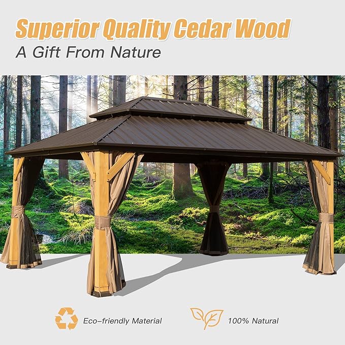 Domi 12' X 16' Wood Gazebo, Cedar Frame Hardtop Gazebo with Galvanized Steel Double Roof, Netting & Curtains, Patio Pergola Pavilion for Patio, Backyard, Deck, Lawns