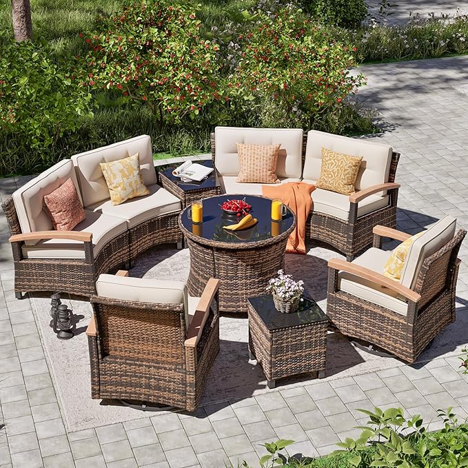 MEISSALIVVE 9 Piece Outdoor Patio Furniture Set, Half-Moon Curved Sectional Sofa Rattan Conversation Set with 2 Wood Armrests Swivel Rocker Chairs, Round Coffee Table & Side Table（Brown）