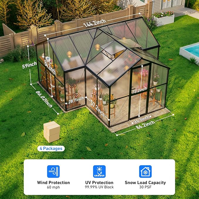 12×12FT Green Houses for Outside, Large Walk-in Greenhouses for Outdoors and Winter Garden Planting, Enhanced Aluminum Greenhouse Kit Withstands Strong Wind to Protect Vegetables or Plants