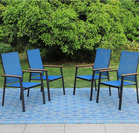 PHI VILLA Outdoor Stackable Chairs, Patio Chairs Set of 2, Light Weight Aluminum Frame with Textilene Fabric & Wood Armrest, High Back Deck Chairs for Poolside Lawn Garden, Blue