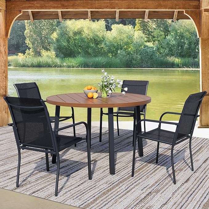 5 Pieces Round Dining Table Set for 4, Patio Dining Set Includes 4 Black Stackable Patio Chairs and 1 Walnut Round Table, Patio Furniture Sets with Sling Support for Outside, Garden