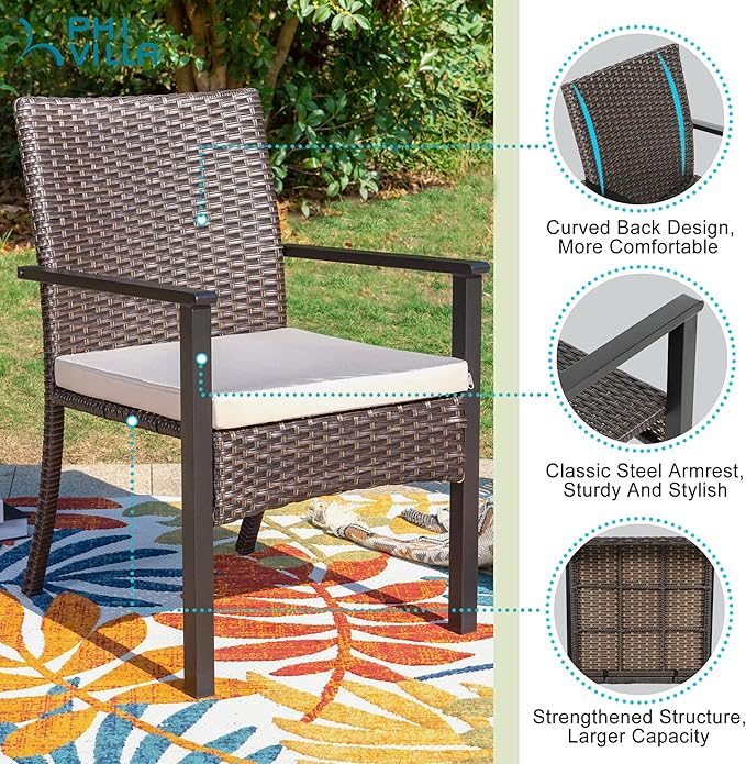 PHI VILLA 9 Pieces Patio Dining Set for 8, 60” Wood-Like Large Square Metal Steel Dining Table & Rattan Wicker Chairs with Cushions, Outdoor Dining Furniture for Deck, Yard, Porch