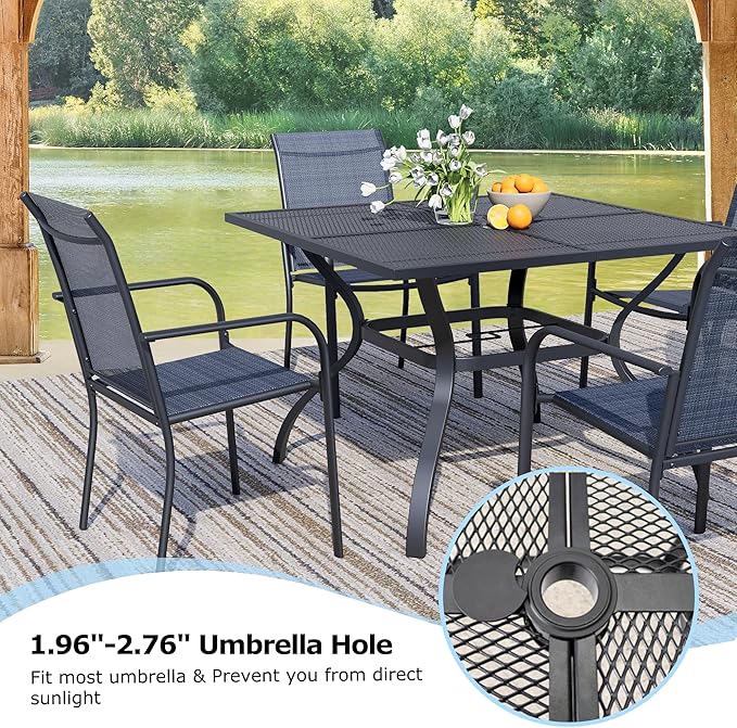 5 Pieces Sqaure Dining Table Set for 4, Patio Dining Set Includes 4 Dark Blue Stackable Patio Chairs and 1 Black Mesh Square Table, Patio Furniture Sets with Sling Support for Outside, Garden