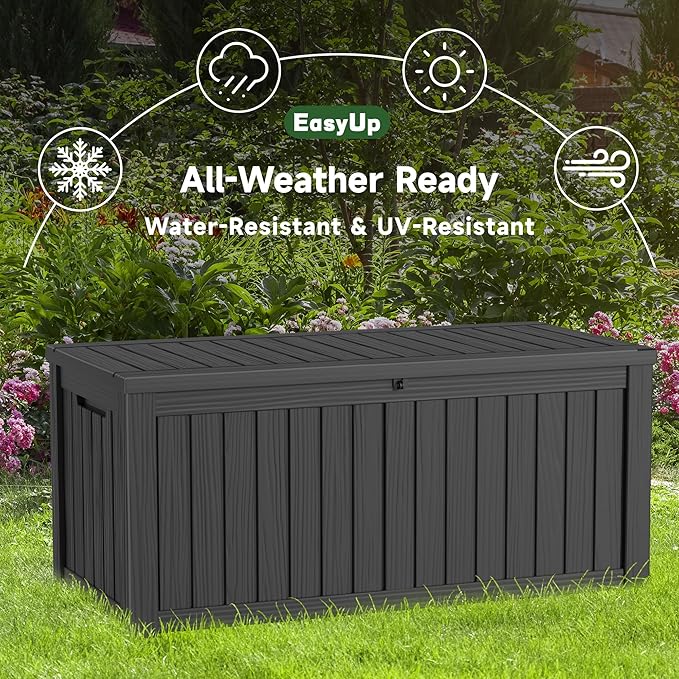 EasyUp 120 Gallon Outdoor Storage Box Waterproof, UV Resistant Resin Deck Box with Hydraulic Rod, Reinforced Stability for Patio, Garden, and Pool, Striped Black