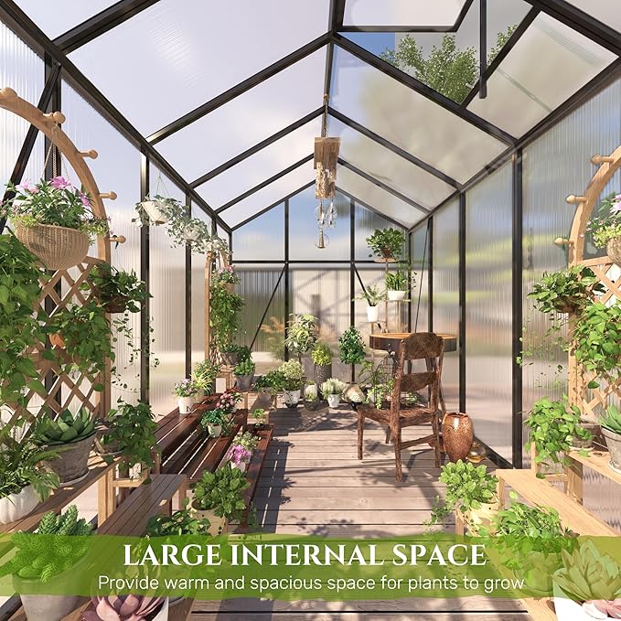 7.2FT High 6*6.2FT Greenhouse for Outdoors,Polycarbonate Greenhouse with Stronger Wind Protection and Roof Vent,Walk-in Large Aluminum Sunroom Winter Proof,Black