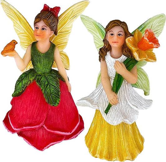 Mood Lab Fairy Garden - Miniature Fairy Figurines - Flower Girls Set of 2 pcs - Narcissus & Rose Fairies Accessories Statue Kit
