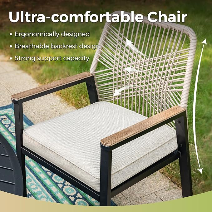 Patio Wicker Chair Sets of 2, Outdoor Dining Chairs with 3.1 inch Seat Cushions, Sturdy Metal Frame & Wood Grain Armrest, Beige