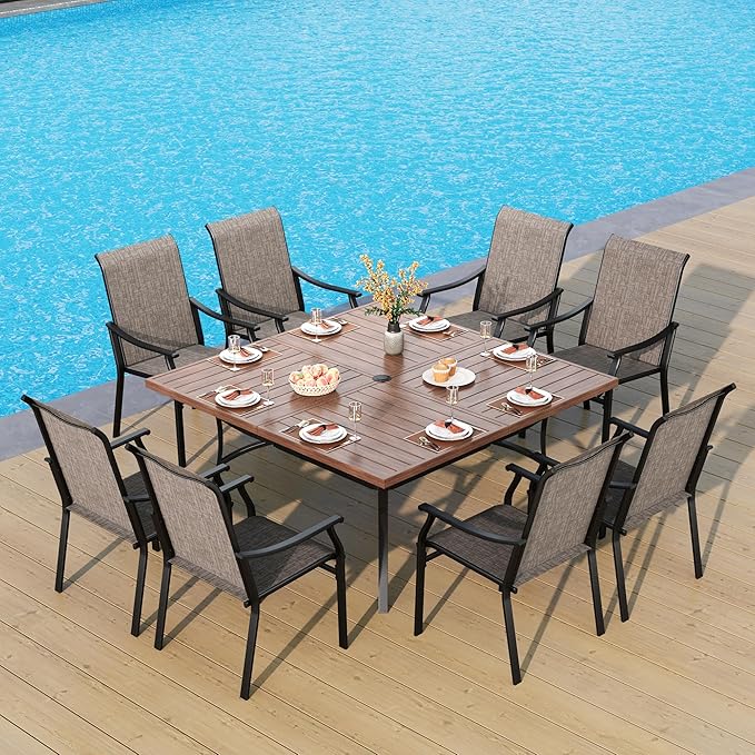 PHI VILLA 9 pcs Patio Dining Set,Heavy Duty Extra Large Square Metal Table with 1.9" Umbrella Hole, Wooden Like Table Top, 8 Textilene Dining Chairs, Breathable and Waterproof for Garden,Lawn