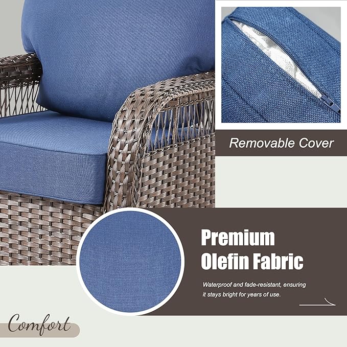 Patio Wicker Chairs Swivel Rocker - Rocking Outdoor Chair Set of 2, 360 Degree atio Swivel Glider Chair with All-Weather Removable Cushions for Garden, Porch, Backyard, Blue/Brown Wicker