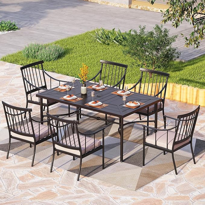 PHI VILLA 7 Piece Outdoor Dining Set for 6, 64" Metal Steel Dining Table with Umbrella Hole & Cushioned Iron Chairs for Patio, Yard, Porch, Deck