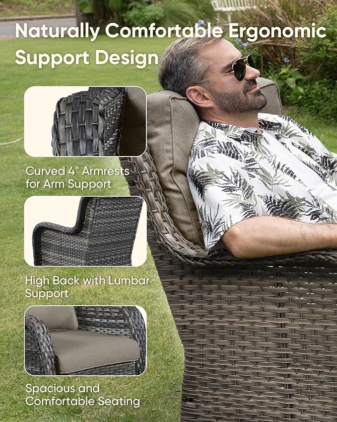 HUMMUH 6-Piece Patio Furniture Set with Fire Pit Table Wicker Outdoor Swivel Rocker Patio Chairs High Back Loveseat Conversation Set for Porch, Backyard, Deck