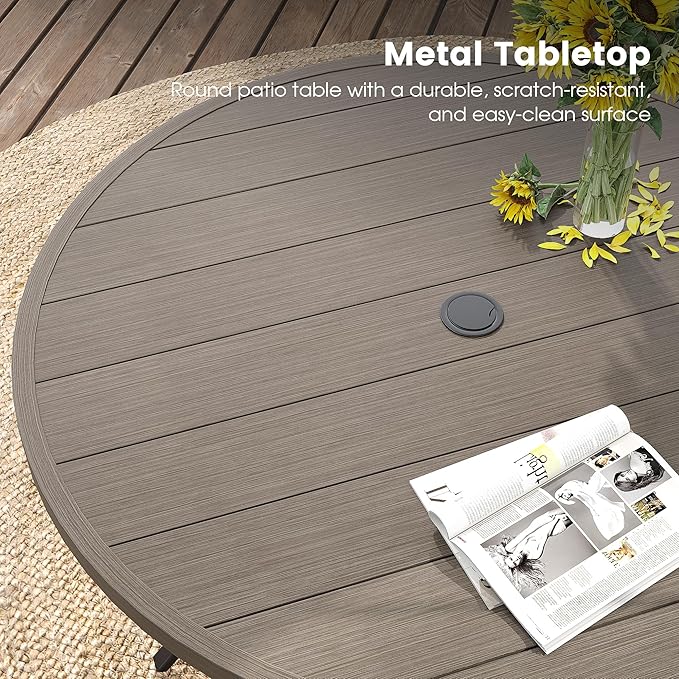 DIFY 9 Pieces Outdoor Patio Dining Set, 8 Grey Textilene Swivel Dining Chairs and 60" Grey Wood-Like Round Metal Dining Table, Outdoor Table and Chairs