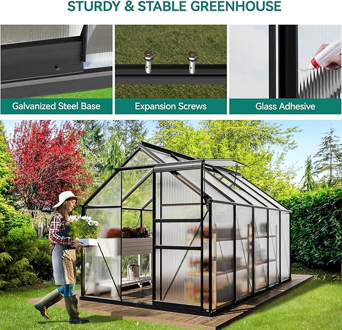 YITAHOME Polycarbonate 6X10FT Greenhouse Heavy Duty Green Houses Outdoor Greenhouses Aluminum Sliding Doors Vent Window for Garden Backyard, Black