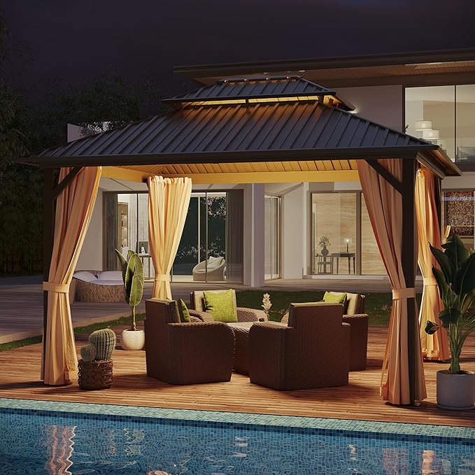 10x12 ft Hardtop Gazebo Outdoor Aluminum Patio Gazebo Double Roof Galvanized Steel Canopy with Netting and Curtains for Garden, Backyard, Deck and Lawns.