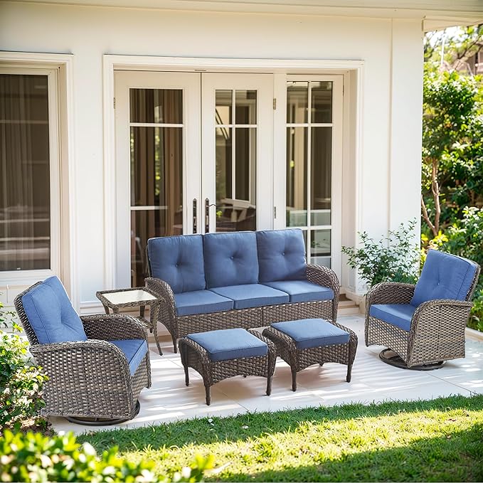 6 Piece Patio Furniture Set - Wicker Patio Conversation Set with Swivel Glider, 3-Seater Sofa, Tempered Glass Side Table and 2 Ottomans for Deck Backyard - Brown Wicker Blue Cushion